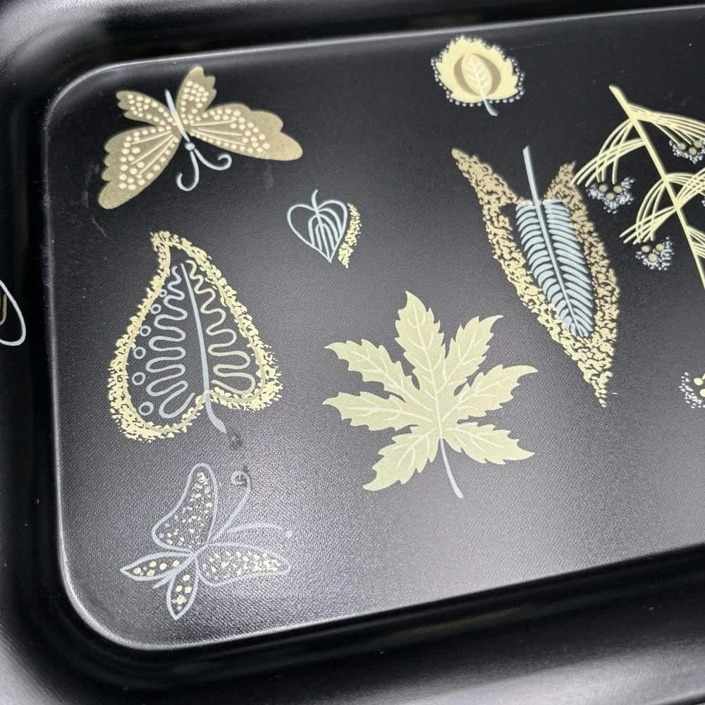 MCM Metal Trays Serving Platters Butterflies Leaves Flowers Black Gold 1960 8pc